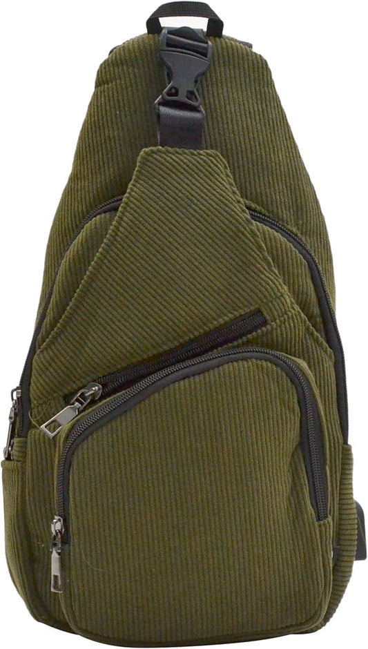 Anti-Theft Daypack Crossbody Sling Backpack, USB Charging, Lightweight Day Pack for Travel, Hiking, Everyday, Regular, Olive Corduroy