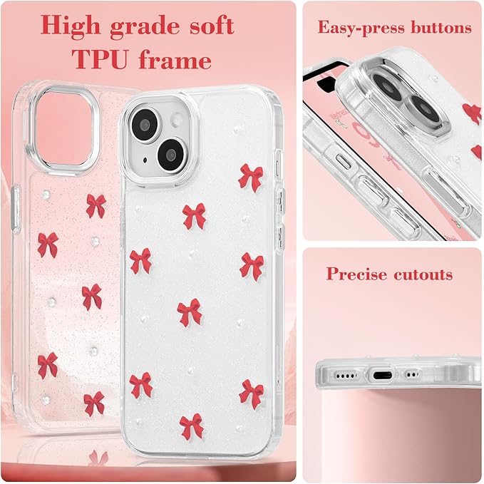 EYZUTAK Case for iPhone 14 Plus, Bling Glitter 3D Bowknot Phone Case Cute Sparkly Crystal Clear Bow Aesthetic Design Case Slim Soft Durable TPU Transparent Protective Cover for Women Girl - Red Bow