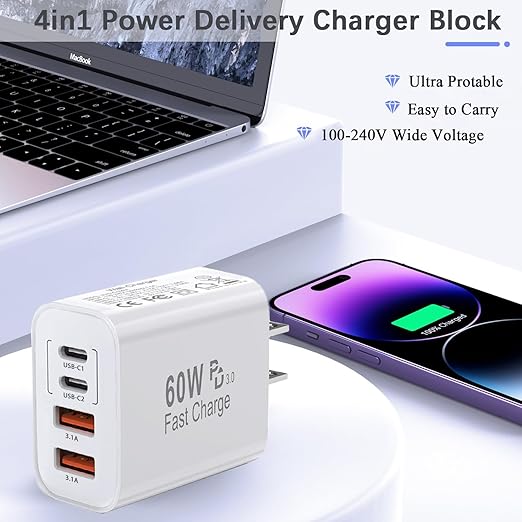 60W USB C Charger Block,2Pack 4-Port GaN USB C Charger Fast Charging Wall Plug Dual Type C+Dual USB-A Port,Multiport Power Adapter Cube for iPhone 17 Pro Max/16e/15/14/13/12/11,iPad Pro/Air/Mini