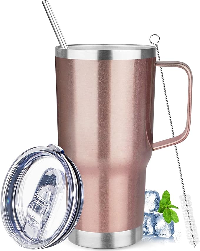 20 oz Rose Gold Stainless Steel Insulated Tumbler with Handle, Lid, Straw - Double Wall Vacuum Insulated Coffee Mug, Leak Proof Travel Mug for Hot and Cold Drink