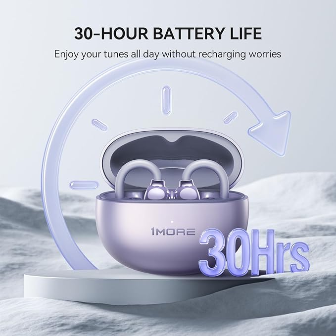 1MORE S20 Open Ear Headphones, Lightweight Comfort Clip-On Wireless Earbuds, 30H Playtime Bluetooth 5.4 Headphones with 4 ENC Microphones, IPX5 Water Resistance, Secure Fit for Sports Workout, Purple