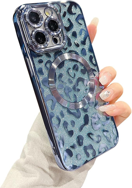 for iPhone 12 Pro Case Magnetic,Soft Cute Luxury Leopard Cheetah Pattern Plating Glitter Bling Phone Case Compatible with MagSafe Clear Shockproof Back Cover for Women Girl 6.1"-Blue
