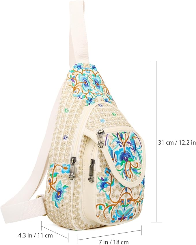 SILKAREA Vintage Canvas Small Sling Bag for Women's Chest Purses Handbag Crossbody Bag Boho Embroidered Backpack Purse (Beige Blue)