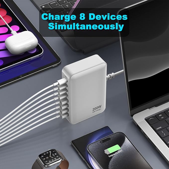 USB C Charger, 200W 8-Port USB C Charging Station Hub, GaN Fast Charger, Compatible with MacBook Pro/Air/Google Pixel/iPhone 15/14/13/Galaxy S24/S23/S22/Smartphones/Laptops/Tablets