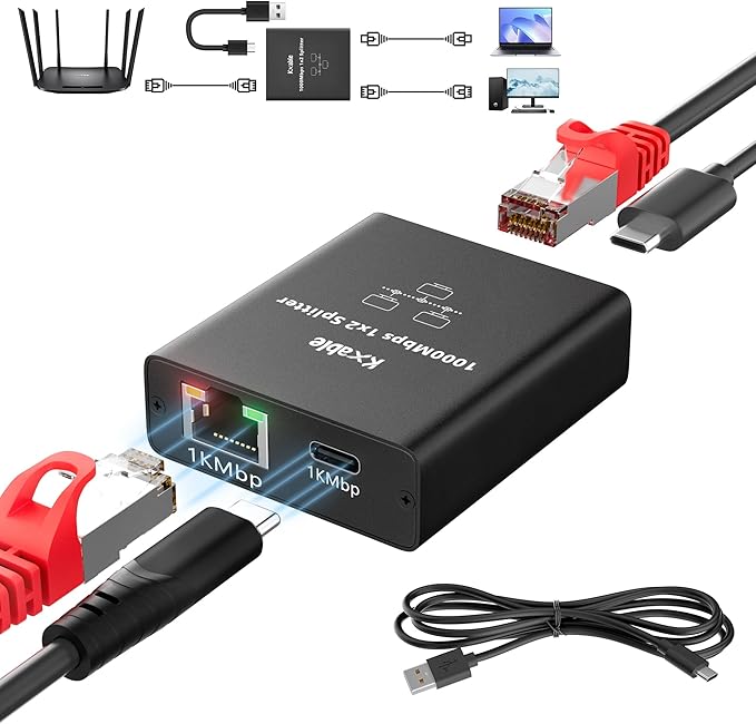 USB-C to 2x RJ45 Ethernet Splitter, Gigabit LAN Adapter, 1Gbps, for MacBook to Ethernet