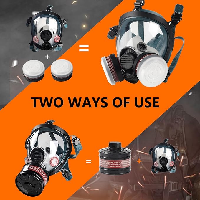 HANUU Gas Mask, Gas Masks Survival Nuclear and Chemical with 40mm Activated Carbon Filter, Tactical Full Face Respirator Mask for Gases Dust Vapors Chemicals Spray Paint Sanding Welding (2 Pack)
