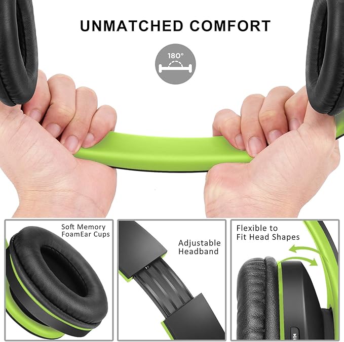 ZIHNIC Bluetooth Headphones Over-Ear, Foldable Wireless and Wired Stereo Headset Micro SD/TF, FM for Cell Phone,PC,Soft Earmuffs &Light Weight for Prolonged Wearing(Black/Green)