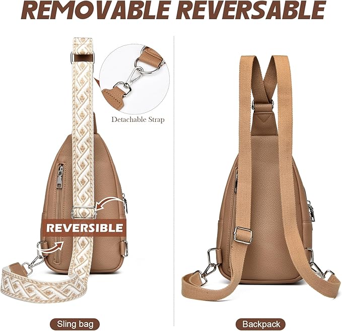 Sling Bag Crossbody Backpack - 2 in 1 Leather Cross Body Bag Fanny Pack with 2 Removable Straps