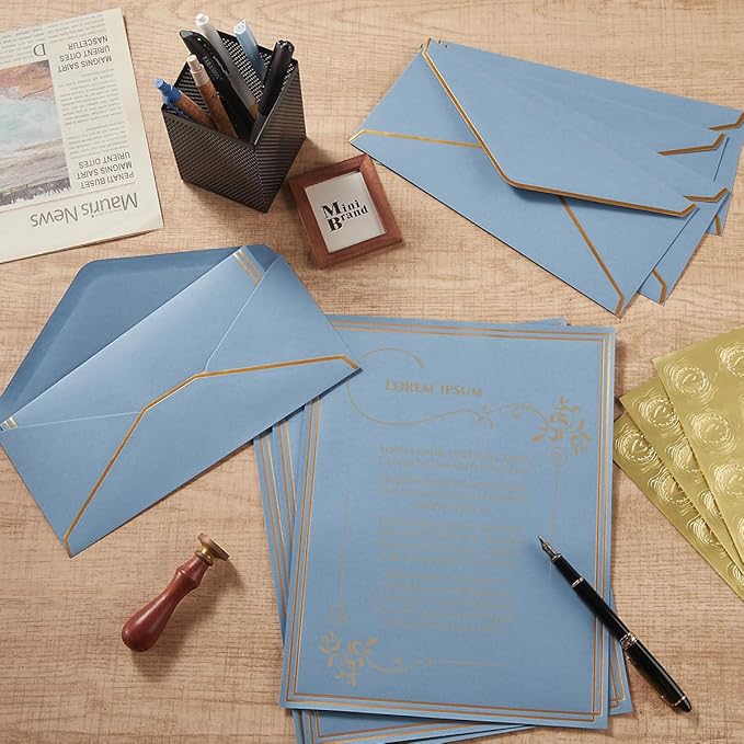 50 Pack Stationery Set with Gold Border, #10 Business Envelopes and 8.5x11 Paper Sheets and Stickers for Writing Letters (Dusty-Blue, 8.5x11 Inches)