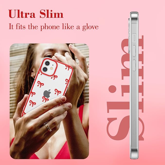 EYZUTAK Case for iPhone 11, Clear Cute Ribbon Bowknot Pattern Aesthetic Transparent Phone Case Raised Camera Protection Stylish Slim Soft Durable TPU Protective Cover for Women Girls - Red
