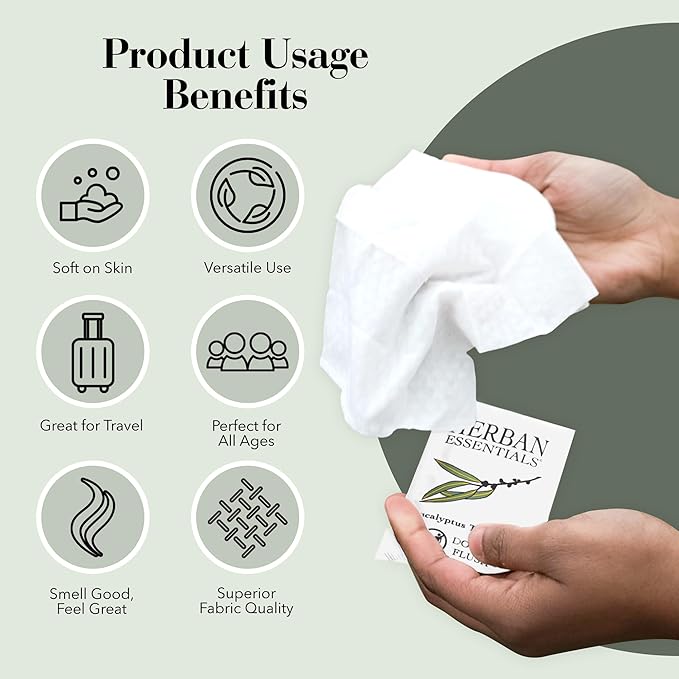Herban Essentials - Eucalyptus Wipes & Towelettes - Essential Oil Wipes for Hands & Body - Travel Size Essentials and Toiletries - Natural, Individually Wrapped, Disposable & Moist Refresh (20 count)