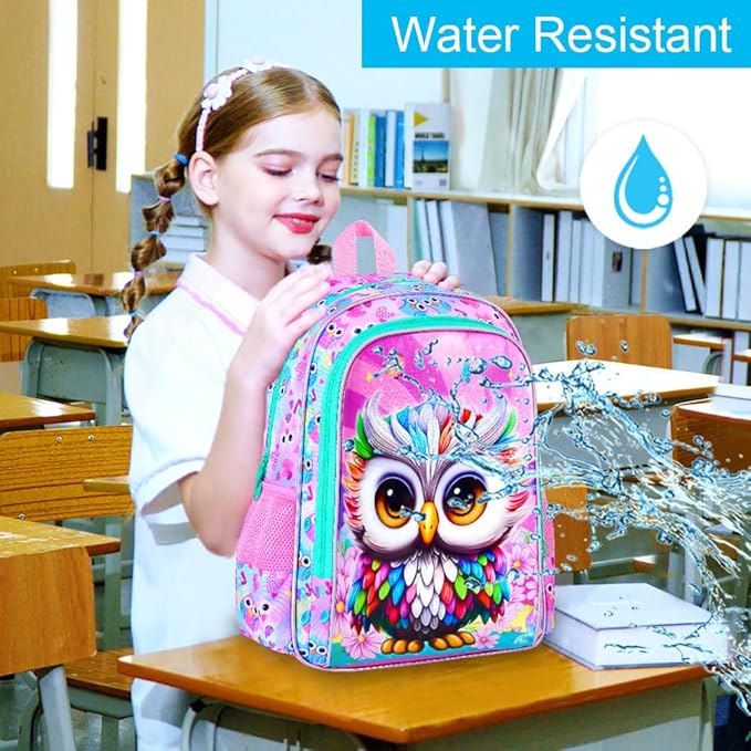 3Pcs Backpack for Girls, 16" Kids Bookbag with Lunch Box, Owl School Backpacks Set for Elementary Preschool Kindergarten(Pink)