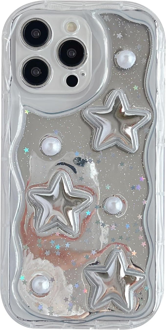 3D Stars Pearls Wavy Frame Plating Mirror Phone Case Compatible with iPhone Case for Women Girls (Clear,for iPhone 15 Pro)