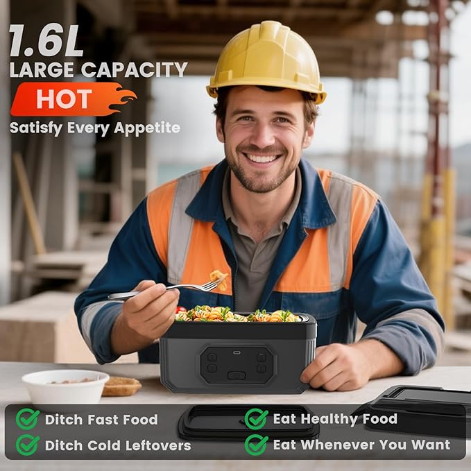 Cordless Electric Lunch Box - 24000mAh Rechargeable Heated Lunch Box, 1.6L Portable Self-Heating Food Warmer for Adults, Men & Women