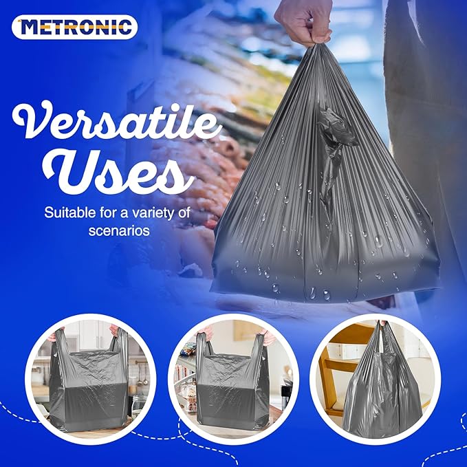METRONIC 500 Count Grey Plastic T-shirt Bags with Handle, 12" x 6.5" x 22" Plastic Carry Bags for Retail, Supermarket, Grocery Shopping Bag for Packaging, Takeout, Convenience Stores, in Bulk