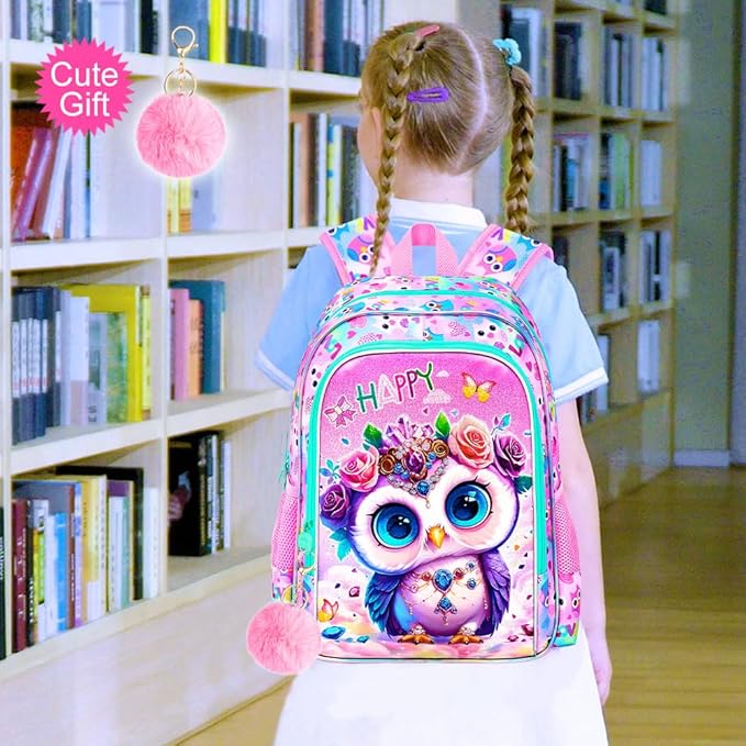 16" Backpack for Girls, 3Pcs Owl Kids Bookbag for Elementary Preschool Kindergarten, School Backpacks with Lunch Box(Pink)
