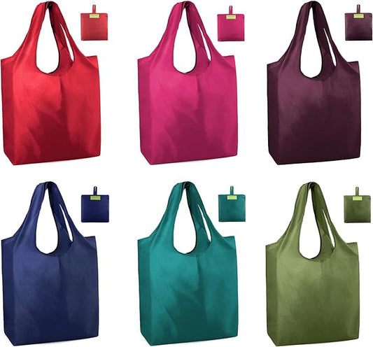 BeeGreen Reusable Grocery Bags 6 Pack, Heavy Duty Totes for Women, Foldable Grocery Bag Large Shopping Totes with Handles for Work, Travel, Gift, Store, Polyester Washable Reusable Tote Bag