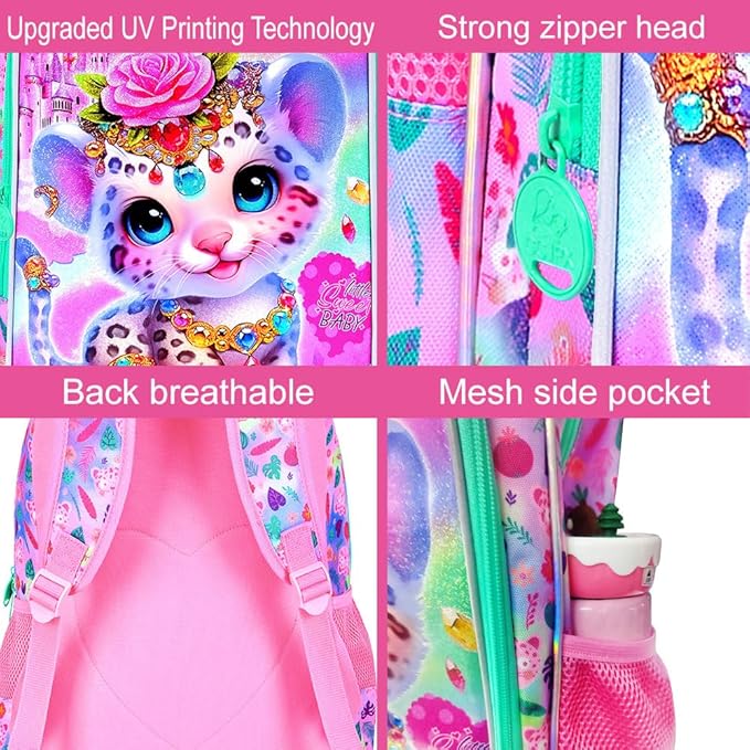 3Pcs Backpack for Girls, 16" Leopard Kids Bookbag for Elementary Preschool Kindergarten, School Backpacks with Lunch Box(Pink)