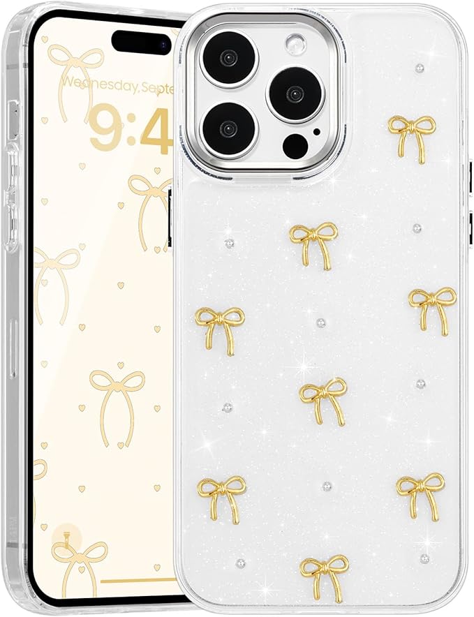 EYZUTAK Case for iPhone 13 Pro, Bling Glitter 3D Bowknot Phone Case Cute Sparkly Crystal Clear Bow Aesthetic Design Case Slim Soft Durable TPU Transparent Protective Cover for Women Girls - Gold Bow