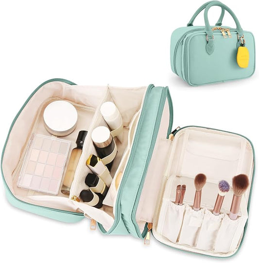 Travel Makeup Bag for Women Fashion Large Capacity Pouch Open Flat Cosmetic Portable Organizer Waterproof Large Opening Storage Toiletry Bags Vertical Free-Standing Brush Holder for Easy Access Blue