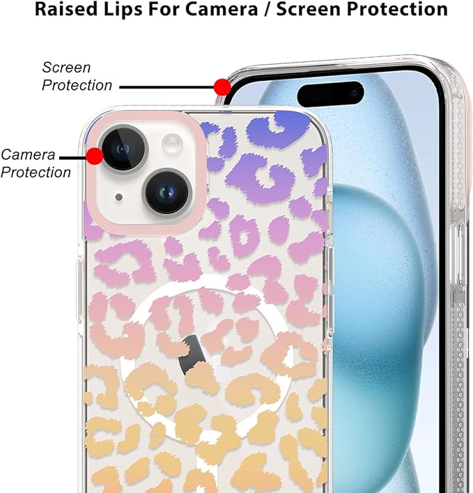 SAKUULO Magnetic for iPhone 15 Case Colourful Leopard Print Pattern [Compatible with MagSafe] [with Screen Protector] Wireless Charge Strengthen Protection Cover, Colourful Leopard (6.1")