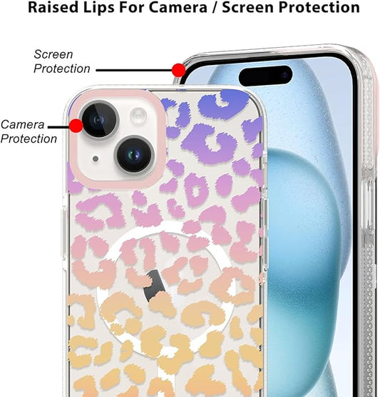 SAKUULO Magnetic for iPhone 15 Case Colourful Leopard Print Pattern [Compatible with MagSafe] [with Screen Protector] Wireless Charge Strengthen Protection Cover, Colourful Leopard (6.1")