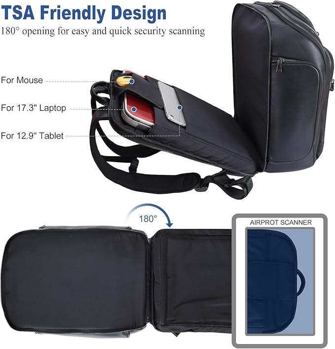 TIDING Genuine Leather Backpack for Men, 17.3 Inch Laptop Bag TSA Friendly Travel Rucksack Hiking Camping Daypack