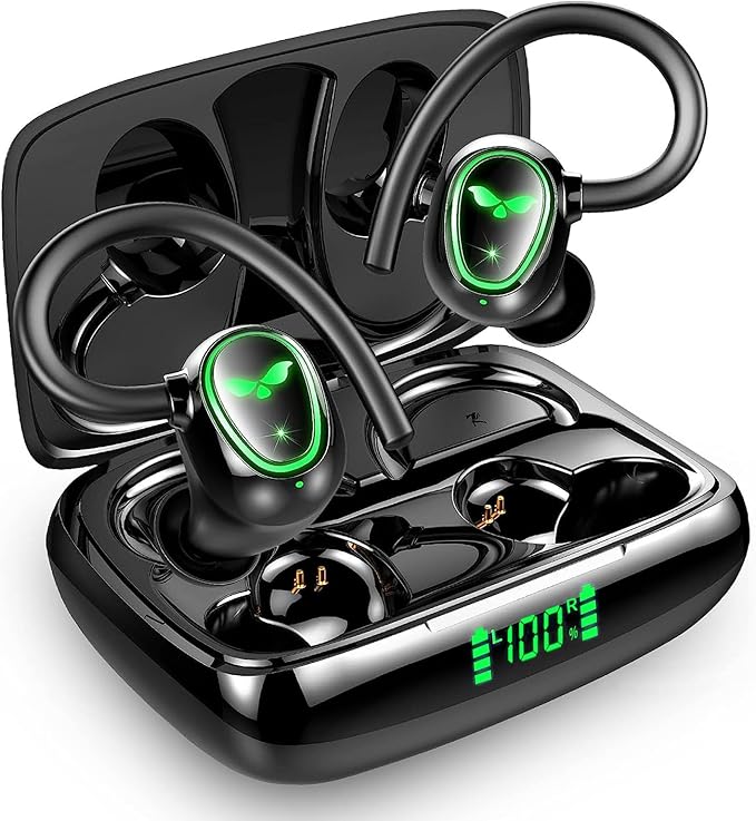 Bluetooth Wireless Headphones Earbuds 60hrs Playback Ear Buds IPX6 Waterproof Stereo Bass Over-Ear Earphones with Earhooks Microphone LED Battery Display for Sports/Workout/Gym/Running