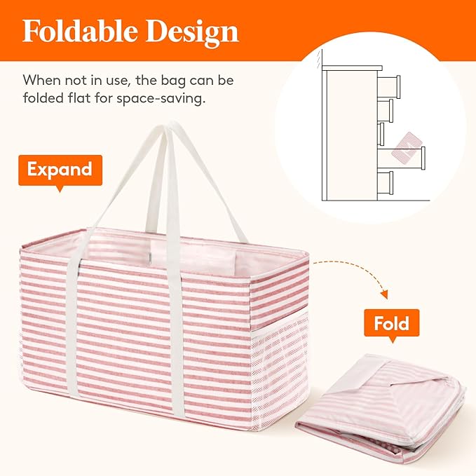 Lifewit Extra Large Tote Bag, Reusable Grocery Bags with Metal Wire Frame and Handles, Standing Utility Foldable Shopping Bags for Storage, Picnics, Beach, Pool, Laundry, Car, Camping, 1 Pack, Pink