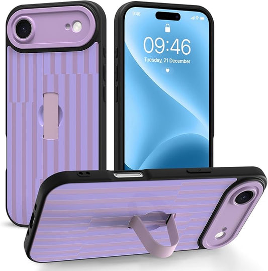 Compatible with iPhone Air Case with Finger Hand Strap Kickstand, Trendy Cool Striped Phone Case for Women Men, Full Camera Protection Shockproof Protective Cover, Purple Stripes