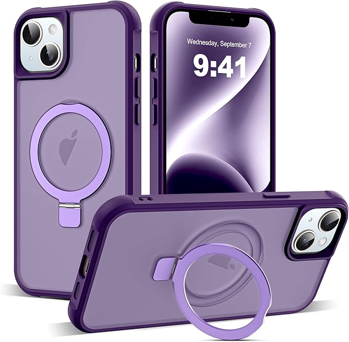 Compatible with iPhone 14 Plus Case with Invisible Magnetic O-Ring Stand Military-Grade Translucent Case for iPhone 14 Plus 6.7" [Compatible with Mag-Safe][Great Grip Feeling], Purple