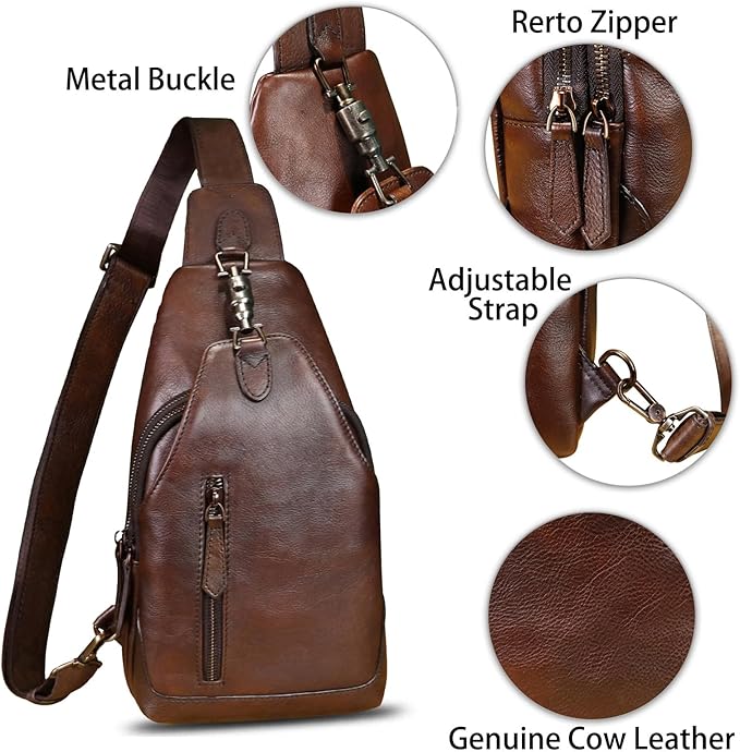 Genuine Leather Sling Bag for Men and Women Real Leather Shoulder Crossbody Bag Chest Bag Sling Backpack Purse