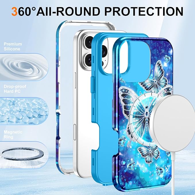 Btscase for iPhone 16 Pro Max Case [Compatible with Magsafe] [Military-Grade Drop Protection] Slim Anti-Scratch Smooth Touch TPU Bumper Shockproof Magnetic Phone Case for Women Girls Men, Cyan