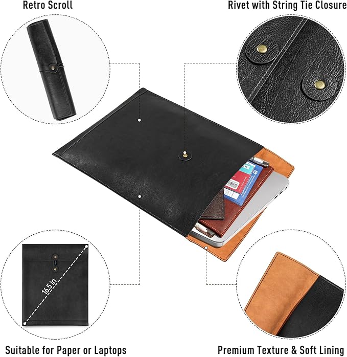 Black PU Leather File Folder for Documents,Important Document Folder with String Tie,Laptop Sleeve Notebook Case,Leather File Organizer, A4 Envelopes Filing Folder