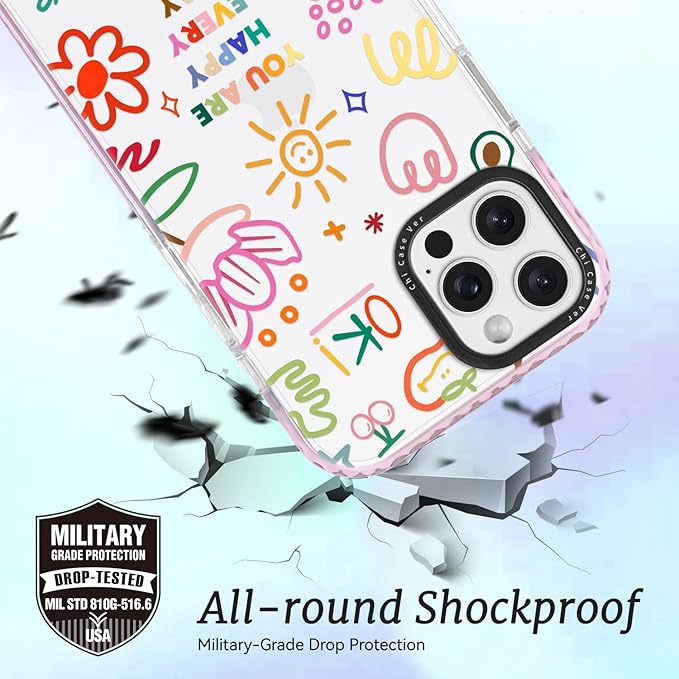 for iPhone 14 Pro Case, Doodle Happy Collage Pattern, Military-Grade Drop Protection, Cute Soft Slim TPU Protective Cover with Camera Lens Protection for Women & Girls