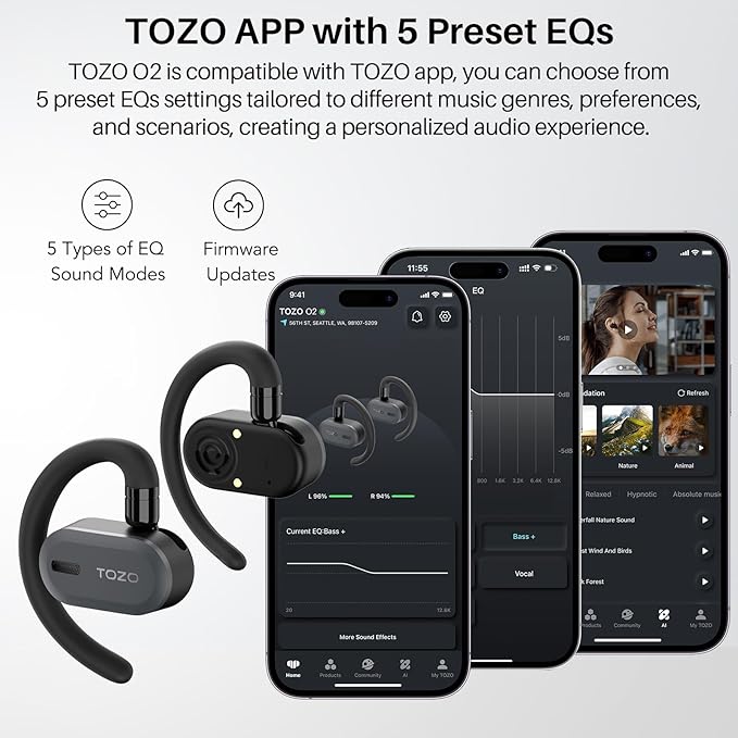 TOZO O2 True Open Ear Wireless Headphones Lightweight with Multi-Angle Adjustment, Bluetooth 5.3 Earbuds with Dual-Axis Design for Long-Lasting Comfort, Crystal-Clear Calls for Driving, Dark Black