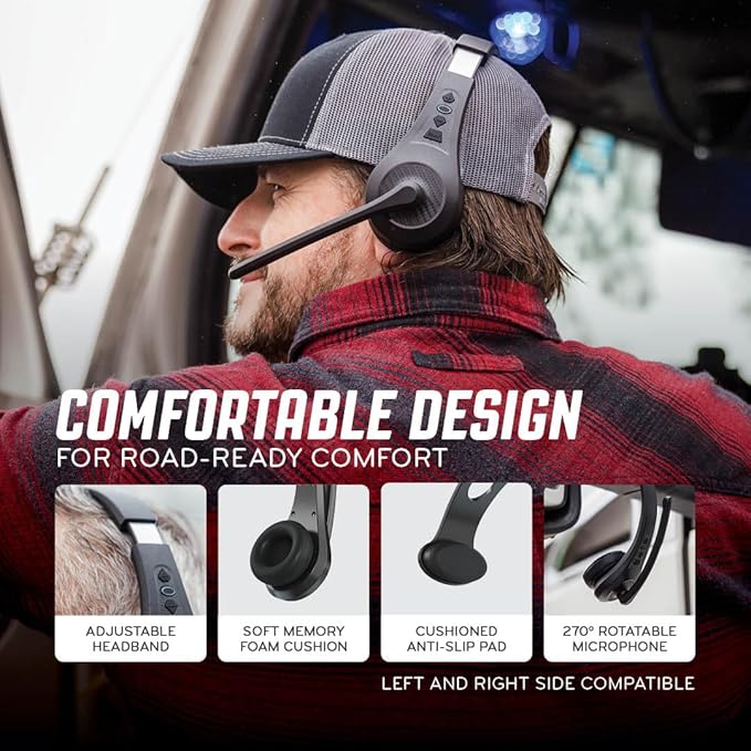 RoadWarrior RW1 Trucker Bluetooth Headset – ENC Mic, 100ft Wireless Range, IP54 Water Resistant, Road Ready Comfort, Right/Left Wear, Volume Controls, On-Ear Fit, Black Wireless Headset for Truckers
