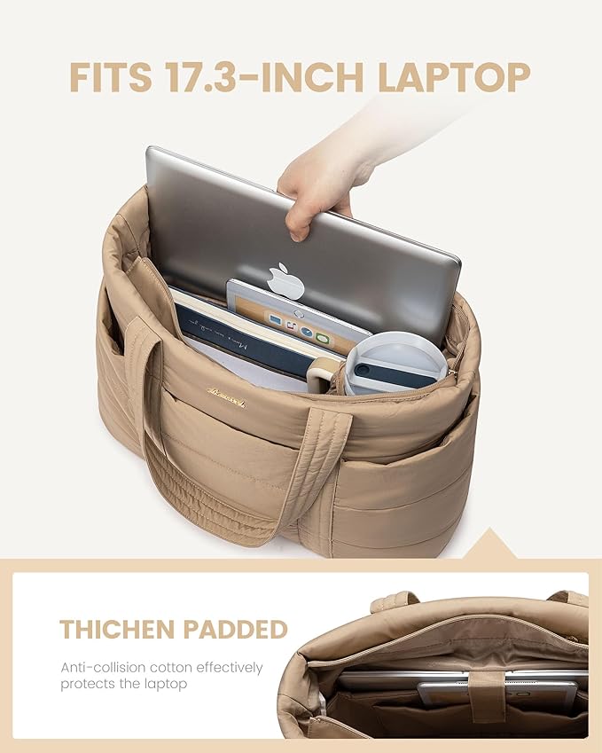 LOVEVOOK Tote Bag for Women, Large Puffer Work Tote Bag for 15.6 Inch Laptop, Lightweight Travel Tote with Zipper Gifts for Women