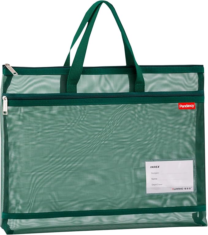 Pendancy Mesh Zipper Pouch A3 Size, Large Double Pocket Lightweight Nylon Transparent File Bag with Handle, 13x17 in Foldable Document Storage for Puzzle Project/Cross Stitch/Travel/Office (Green)