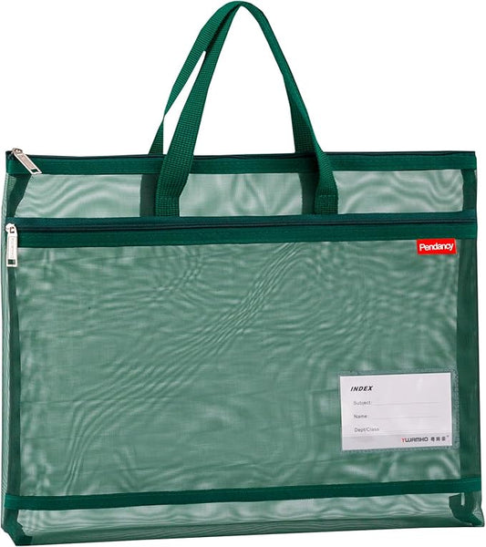 Pendancy Mesh Zipper Pouch A3 Size, Large Double Pocket Lightweight Nylon Transparent File Bag with Handle, 13x17 in Foldable Document Storage for Puzzle Project/Cross Stitch/Travel/Office (Green)