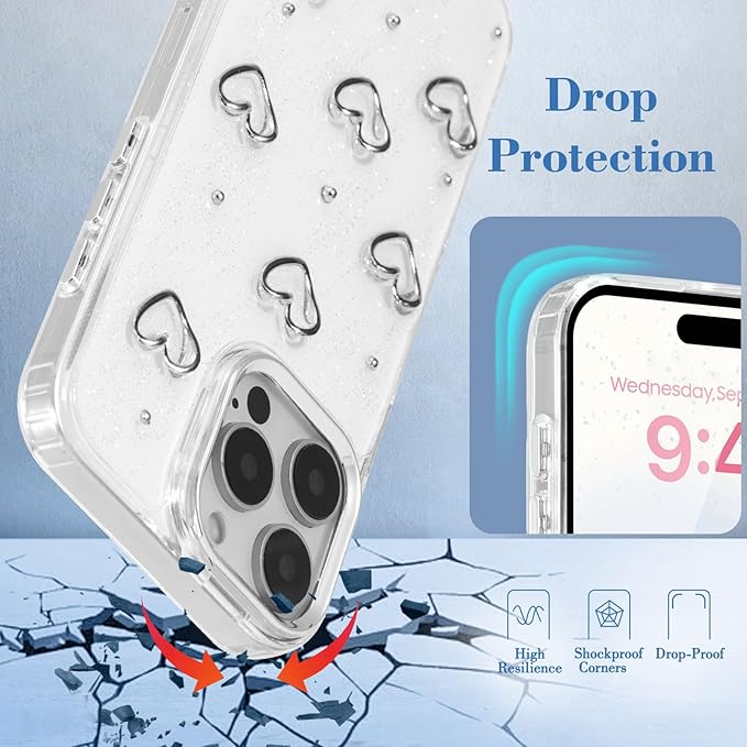 EYZUTAK Case for iPhone Air, Bling Glitter 3D Hearts Phone Case Cute Sparkly Crystal Clear Heart Aesthetic Design Cover Slim Soft Durable TPU Transparent Protective Cover for Women Girls - Heart