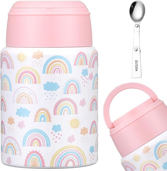17oz Soup Thermo for Hot Food Kids Insulated Food Jar,Thermo Hot Food Lunch Container, Width Mouth Stainless Steel Lunch Box for Kids with Handle Folding Spoon(White - Little Rainbow)