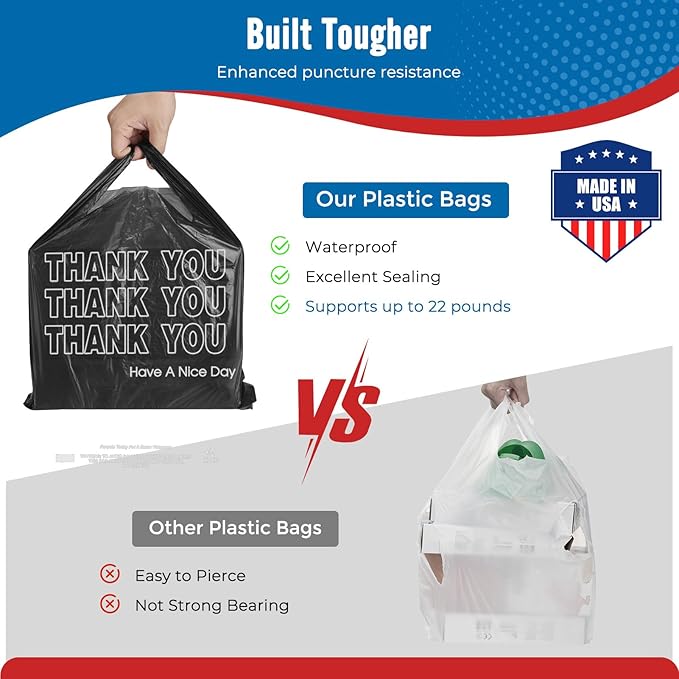 Fuxury 500 Count - Thank You Plastic Tshirt Bags Black (11.5" x 6.5" x 21"), T-shirt, Grocery, Take Out, To Go, Retail Shopping Bags in Bulk for Small Business