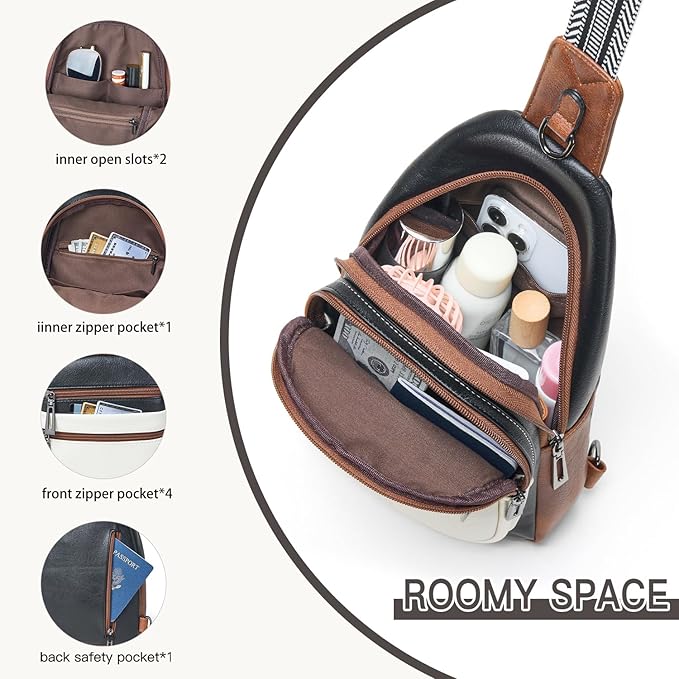 Sling Bag for Women Crossbody Bag Fanny Pack Cross Body Sling Purse Vegan Leather Trendy Travel Purse Black/White/Brown