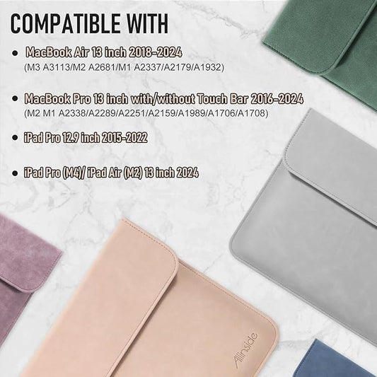 Allinside 13 Inch Laptop Sleeve Case for MacBook Air 13 2018-2025/MacBook Pro 13 2016-2022/Macbook Pro 14 2021-2024, Waterproof PU Leather Horizontal Envelope Protective Case Cover, Flesh Pink