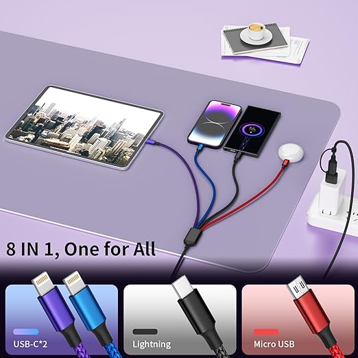 Travel 4 in 2 Multi Charging Cable with Dual IP, Tinned Copper Multi Phone Chargers for All Devices with IP/IP/Type C/Micro Port, Compatible with Most Cell Phones/Tablets and More (1Pack, 5FT)