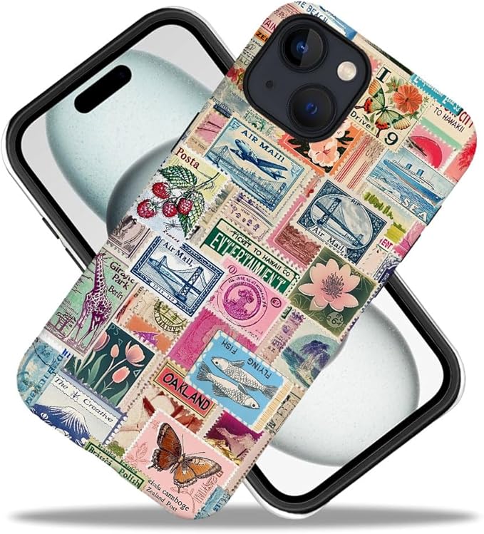 DAIZAG Case Compatible with iPhone 15,Fit Shockproof Cover for Women Girls,Retro Stamp Collage