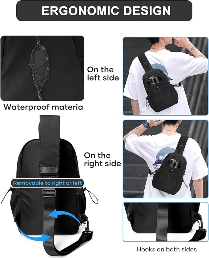 Black Sling Crossbody Bag for Men Women, Tactical Backpack Shoulder Daypack Mini Anti-Theft Cross Body Motorcycle Chest Bags, Small One Strap Fanny Back Pack for Casual Travel Hiking Sport Gym