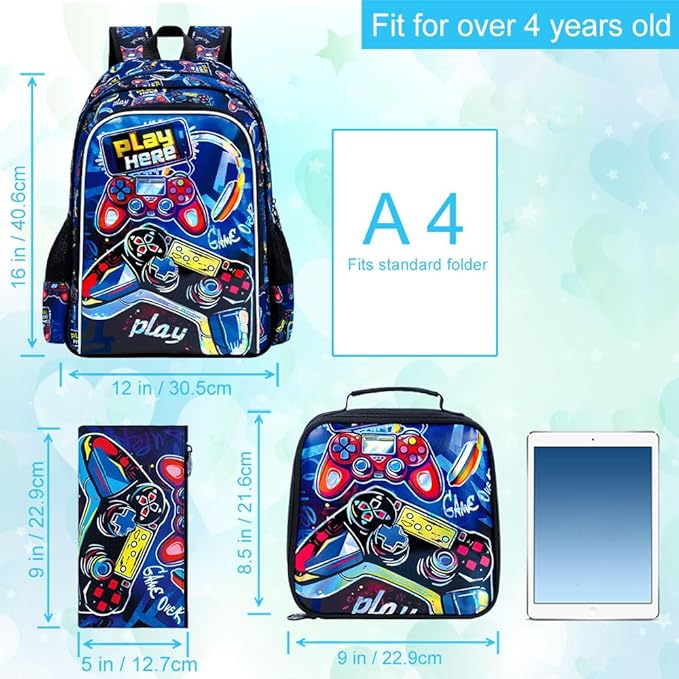 CCJPX 3PCS Gamer Backpack for Boys, 16 Inch Kids Water Resistant Preschool Bookbags, Cool Kindergarten School Backpacks and Lunch Box