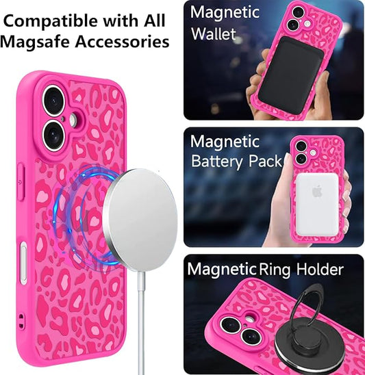 KANGHAR Case for iPhone 16 Plus Hot Pink Leopard Printed Pattern Cute Cheetah [Compatible with Magsafe] Protective Magnetic Case for Girls Women 6.7"